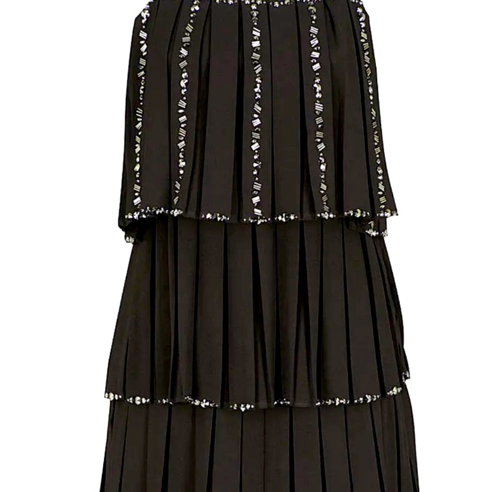 NWT!! TED BAKER London Black Beaded Tiered Pleated Cold Shoulder Meltea Dress